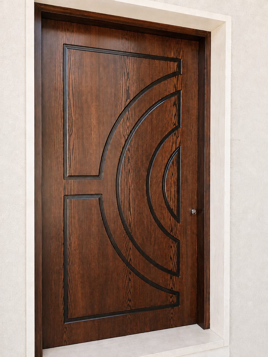 Custom wooden door with carved black inlay detailing